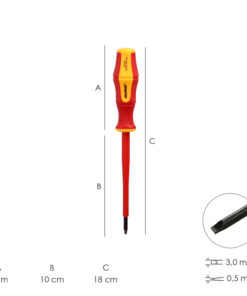 Destornillador Plano Aislado Certificado VDE 1.000 V. Medida 0.5 x Ø 3.0 x 100 mm. Destornillador Seguridad Electricista