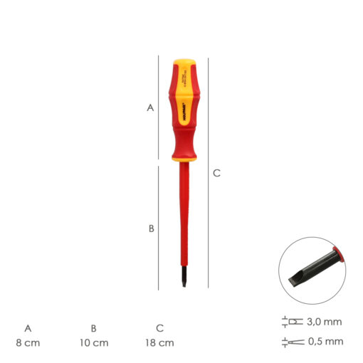 Destornillador Plano Aislado Certificado VDE 1.000 V. Medida 0.5 x Ø 3.0 x 100 mm. Destornillador Seguridad Electricista