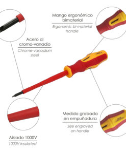 Destornillador Plano Aislado Certificado VDE 1.000 V. Medida 0.5 x Ø 3.0 x 100 mm. Destornillador Seguridad Electricista