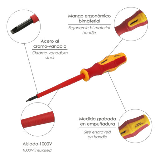 Destornillador Plano Aislado Certificado VDE 1.000 V. Medida 0.5 x Ø 3.0 x 100 mm. Destornillador Seguridad Electricista