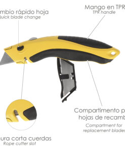 Cuchillo Con Hoja Retractil De 20 mm. Cambio Hoja Rápido Carcasa De Aluminio Agarre Engomado. Uso Profesional