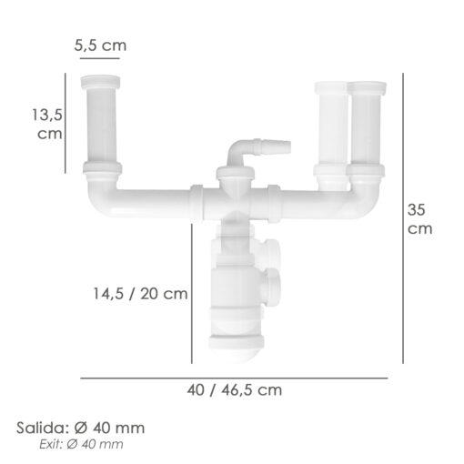 Sifon Doble Extensible Con Doble Evacuación. Salida 1 1/2" Salida Ø 40 mm.