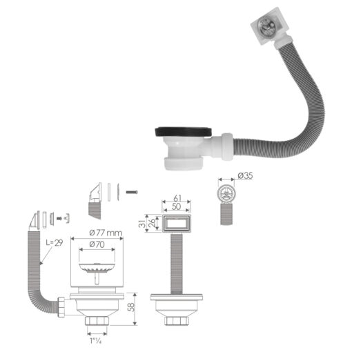 Valvula Fregadero  Ø70 mm. 1 1/2" Con Rebosadero