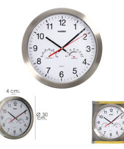 Reloj De Pared Ø 30 cm. Con Higrometro y Termometro. Frontal En Acero