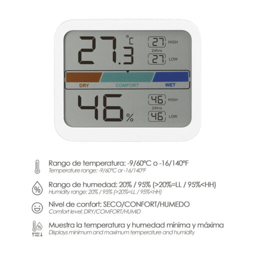 Termómetro Digital Higrómetro Interiores y Exteriores Minimo/Máximo Con Indicardor De Humedad