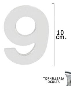 Numero Metal "9" Plateado Mate 10 cm. con Tornilleria Oculta (Blister 1 Pieza)