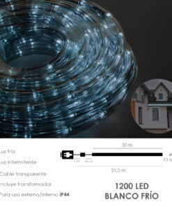 Luces Navidad Tubo Luz Blanca Fria 1200 LEDs Para Exteriores / Interiores Protección IP44 Rollo 50 Metros Con 3 Kits de división