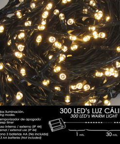 Luces Navidad A Pilas 300 Leds Luz Calida Interior / Exterior (IP44)