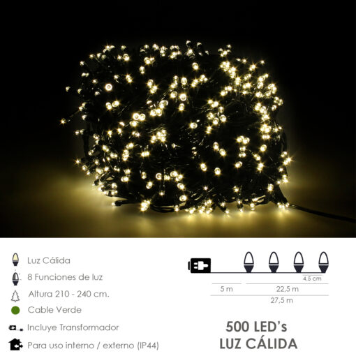 Guirnalda Luces Navidad 500 Leds Color Blanco Calido. Luz Navidad Interiores y Exteriores Ip44