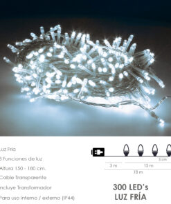 Guirnalda Luces Navidad 300 Leds Color Blanco Frio Luz Navidad Interiores y Exteriores Ip44. Cable Transparente.