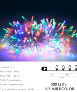 Guirnalda Luces Navidad 300 Leds Color Multicolor. Luz Navidad Interiores y Exteriores Ip44. Cable Transparente.