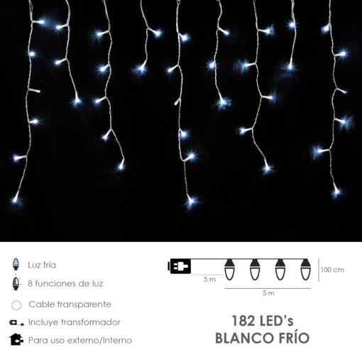 Guirnalda Luces Navidad Cortina 5x1 Metros 182 Leds Blanco Frio. Luz Navidad Interiores y Exteriores Ip44. Cable Transparente