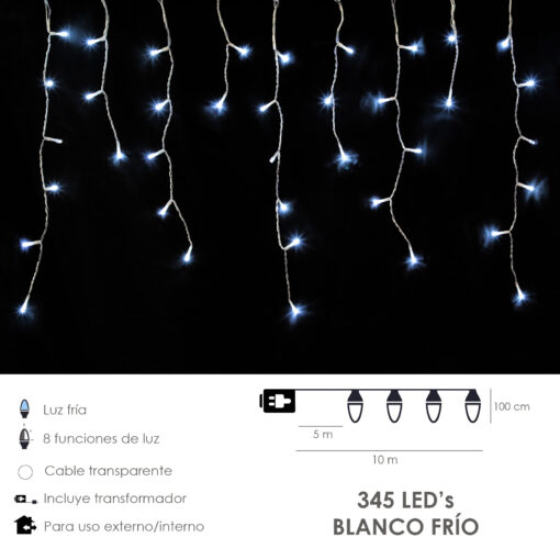 Guirnalda Luces Navidad Cortina 10x1 Metros 345 Leds Blanco Frio. Luz Navidad Interiores y Exteriores Ip44. Cable Transparente