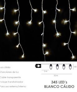 Guirnalda Luces Navidad Cortina 10x1 Metros 345 Leds Blanco Calido. Luz Navidad Interiores y Exteriores Ip44. Cable Transparente