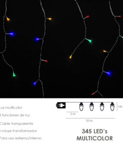 Guirnalda Luces Navidad Cortina 10x1 Metros 345 Leds Multicolor. Luz Navidad Interiores y Exteriores Ip44. Cable Transparente