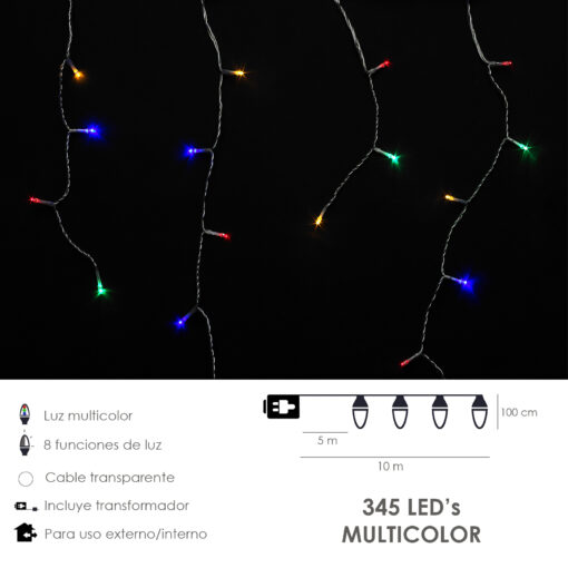 Guirnalda Luces Navidad Cortina 10x1 Metros 345 Leds Multicolor. Luz Navidad Interiores y Exteriores Ip44. Cable Transparente