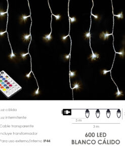 Guirnalda Luces Navidad Cortina x3 Metros 600 Leds Blanco Calido. Luz Navidad Interiores y Exteriores Ip44. Cable Transparente