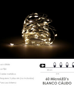 Guirnalda Luces Navidad Microled 60 Leds Color Blanco Calido.Luz navidad interiores IP20 A Pilas (3 AA No Incluidas)