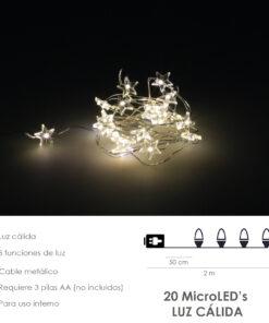 Guirnalda Luces Navidad Estrellas 20 Leds Color Blanco Calido.Luz navidad interiores y exteriores IP44 A Pilas 3AA (No Incluida)