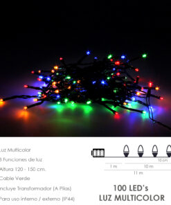 Guinalda Luces Navidad 100 Leds Color Multicolor. Luz navidad interiores y exteriores IP44. Funcina 3 Baterias AA (No incluidas)