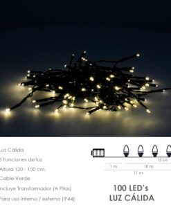 Guinalda Luces Navidad 100 Led Color Blanco Calido.Luz navidad interiores y exteriores IP44.Funciona 3 Baterias AA(No incluidas)