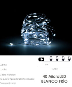 Guirnalda Luces Navidad Microled 40 Leds Color Blanco Frio. Luz navidad interiores IP20 A Pilas (2 CR2032 Incluidas)
