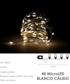 Guirnalda Luces Navidad Microled 40 Leds Color Blanco Calido. Luz navidad interiores IP20 A Pilas (3 AA No Incluidas)