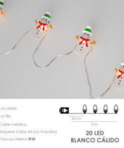 Guirnalda Luces Navidad A Pilas 20 Leds Muñecos de Nieve. Luz Calida Uso Interno IP20