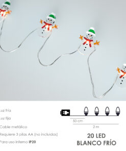 Guirnalda Luces Navidad A Pilas 20 Leds Muñecos de Nieve. Luz Fria Uso Interno IP20