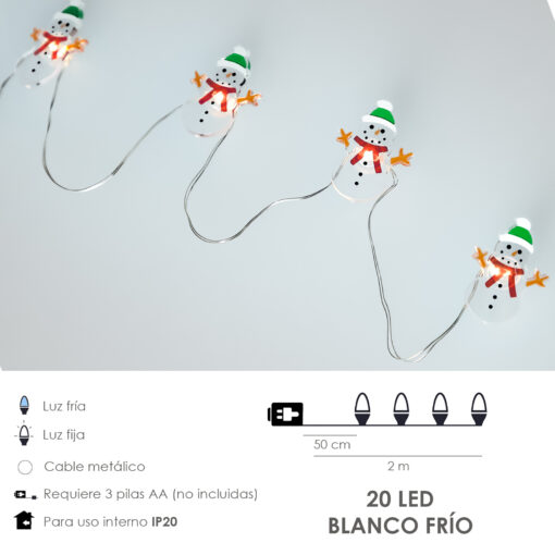 Guirnalda Luces Navidad A Pilas 20 Leds Muñecos de Nieve. Luz Fria Uso Interno IP20