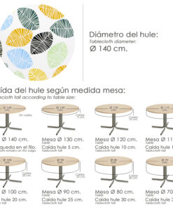 Mantel Hule Redondo Hojas Colores Impermeable Antimanchas PVC Ø 140 cm. Uso Interior y Exterior