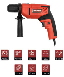 Taladro Percutor 550 Watt 13 mm. Con Variador de Velocidad. Incluye Empuñadura y Guia Metalica.