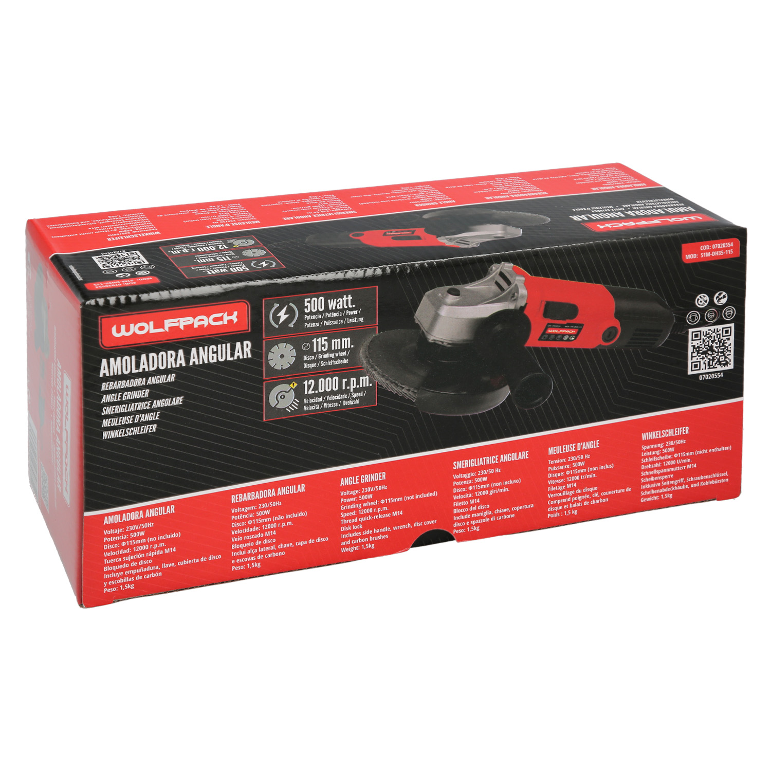 Amoladora 500 Watt. Ø 115 mm. 12.000 R.P.M. Eje M14 Protector Disco Ajustable