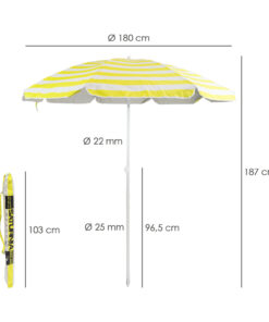 Sombrilla Playa Aluminio / Poliester Ø 180 cm. Amarilla y  Blanca. Varillas Fibra De Vidrio. Protección UV.