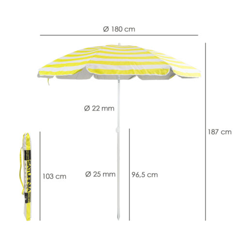 Sombrilla Playa Aluminio / Poliester Ø 180 cm. Amarilla y  Blanca. Varillas Fibra De Vidrio. Protección UV.