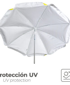 Sombrilla Playa Aluminio / Poliester Ø 180 cm. Amarilla y  Blanca. Varillas Fibra De Vidrio. Protección UV.