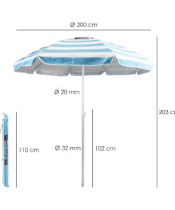 Sombrilla Playa Aluminio / Poliester Ø 200 cm. Azul y  Blanca. Varillas Fibra De Vidrio. Protección Uv. Sistema Antiviento.