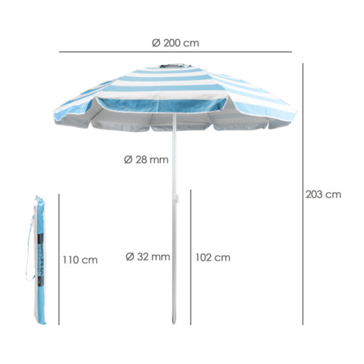 Sombrilla Playa Aluminio / Poliester Ø 200 cm. Azul y  Blanca. Varillas Fibra De Vidrio. Protección Uv. Sistema Antiviento.