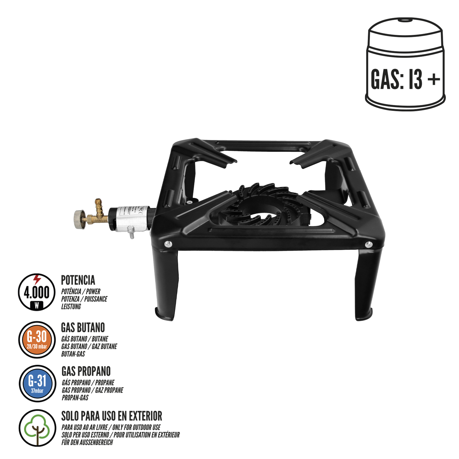 Hornillo Gas 4 Pies 30x30 cm. Potencia 4.000 Watts.
