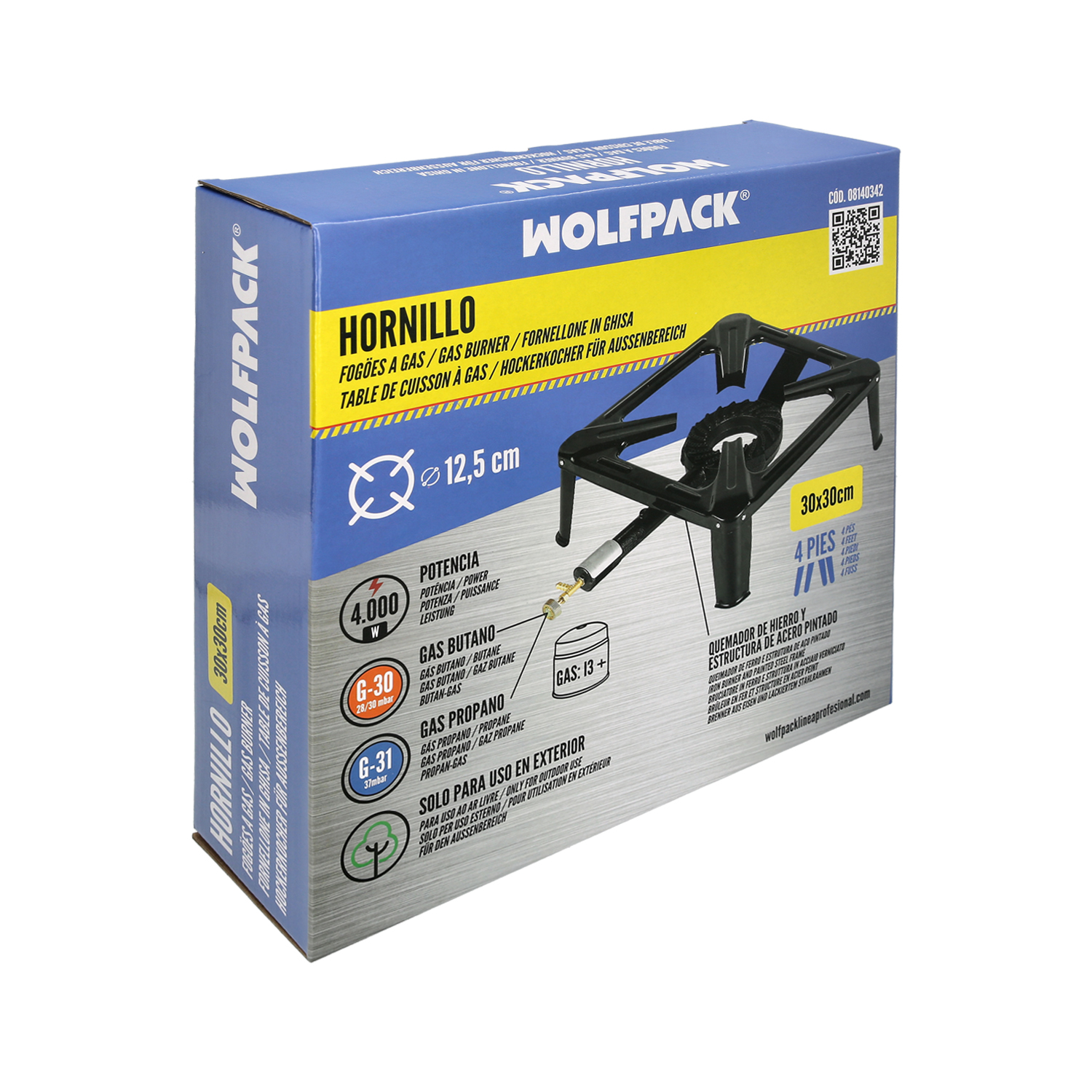 Hornillo Gas 4 Pies 30x30 cm. Potencia 4.000 Watts.