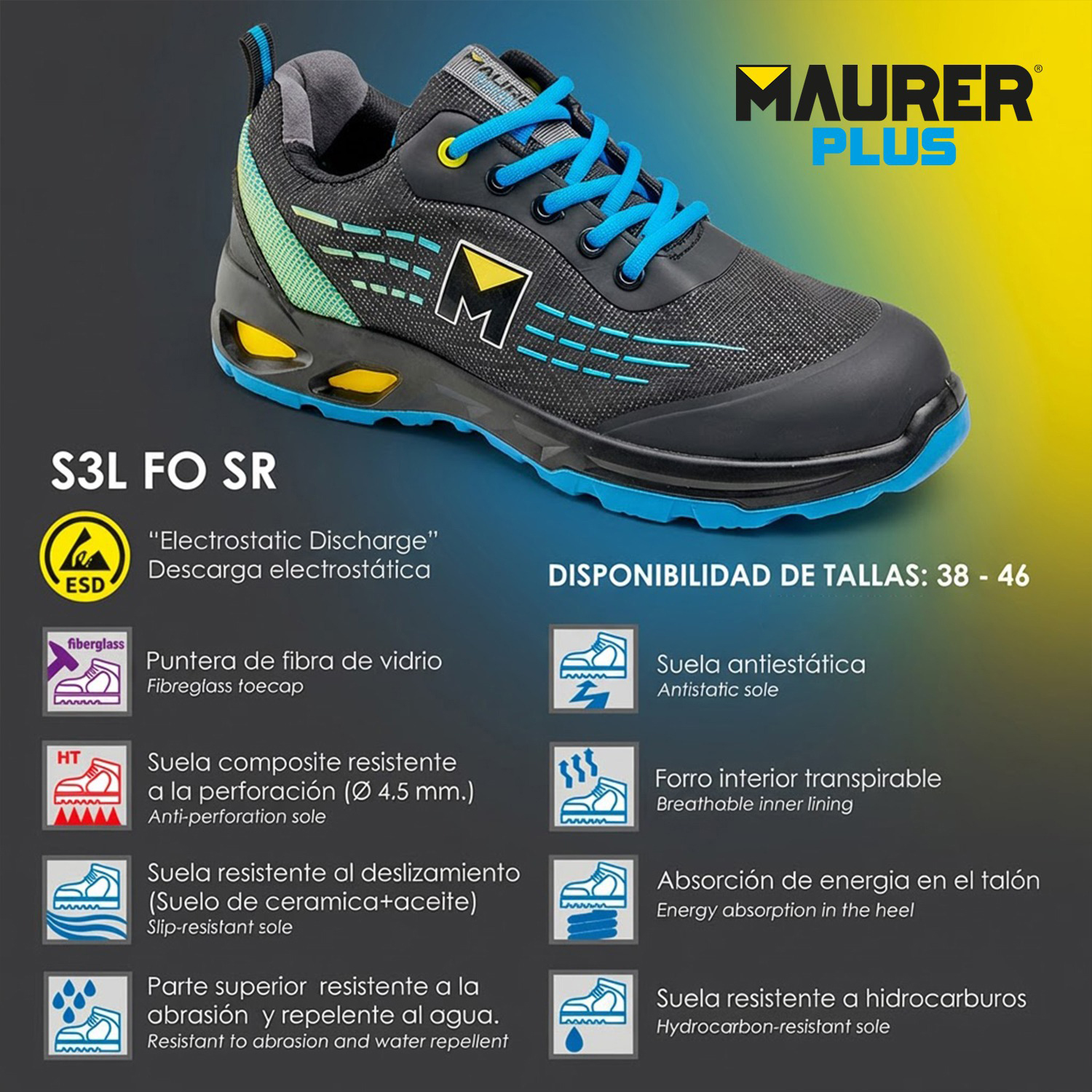 Deportiva Seg. Maurer S3L Modelo Lapis Antideslizante con suela y puntera antiperforación Resistente a los Hidrocarburos Nº 46.