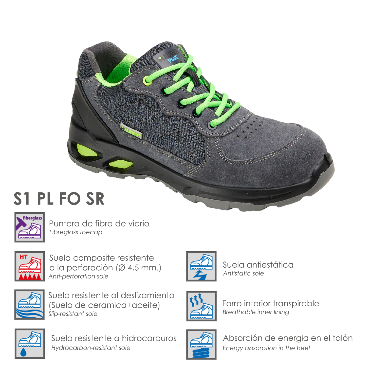 Zapatos Seguridad Maurer S1 Modelo Arlaz Antideslizante con Suela Composite y Resistencia a los Hidrocarburos. Talla 45.