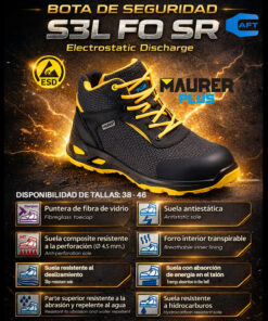 Botas Seguridad Maurer S3 Modelo Amerina Antideslizante con Suela Resistente a los Hidrocarburos. Talla 45.