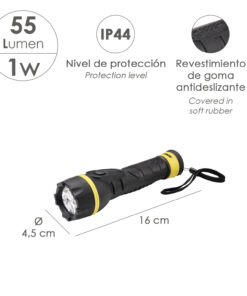 Linterna LED De Mano Goma Antideslizante A Pilas (2 AA) 55 Lumenes 1 Watt. Protección Ip44
