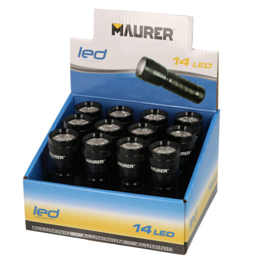 Linterna LED De Mano De Aluminio A Pilas(3 AAA) 55 Lumenes 14 Leds Mango Engomado (Expositor 12 piezas)