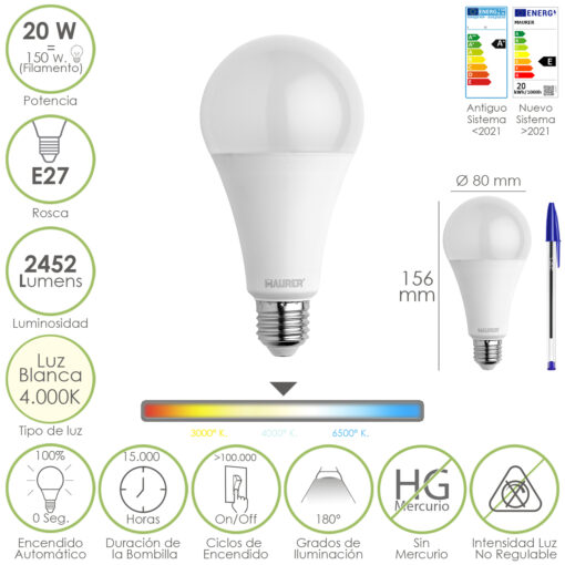 Bombilla Led Estandar Rosca E27. 20  Watt. Equivale A 150 Watt. 2452 Lumenes. Luz Neutra (4000º K.)