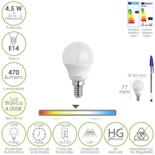 Bombilla Led Esferica Rosca E14 4.5 Watt. Equivale A 35 Watt. 470 Lumenes. Luz Neutra (4000º K)