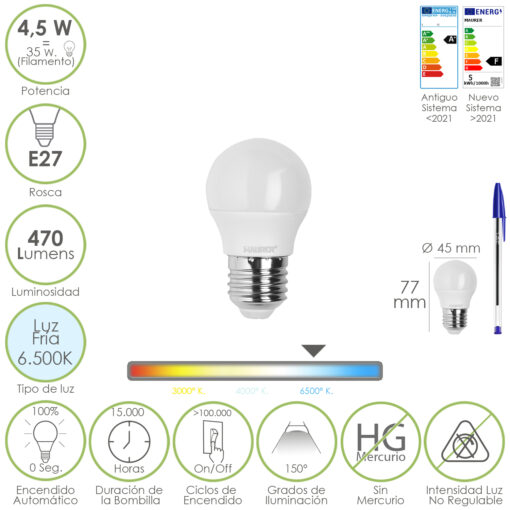 Bombilla Led Esferica Rosca E27 4.5 Watt. Equivale A 55 Watt. 470 Lumenes. Luz Fria (6500º K)