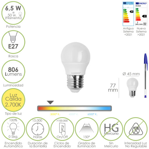 Bombilla Led Esfera Rosca E27. 6.5 Watt. Equivale A 50 Watt. 806 Lumenes. Luz Calida 3000º K.