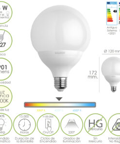 Bombilla Led Globo Rosca E27. 16 Watt. Equivale A 130 Watt. 1901 Lumenes. Luz Blanca (4000º K.)